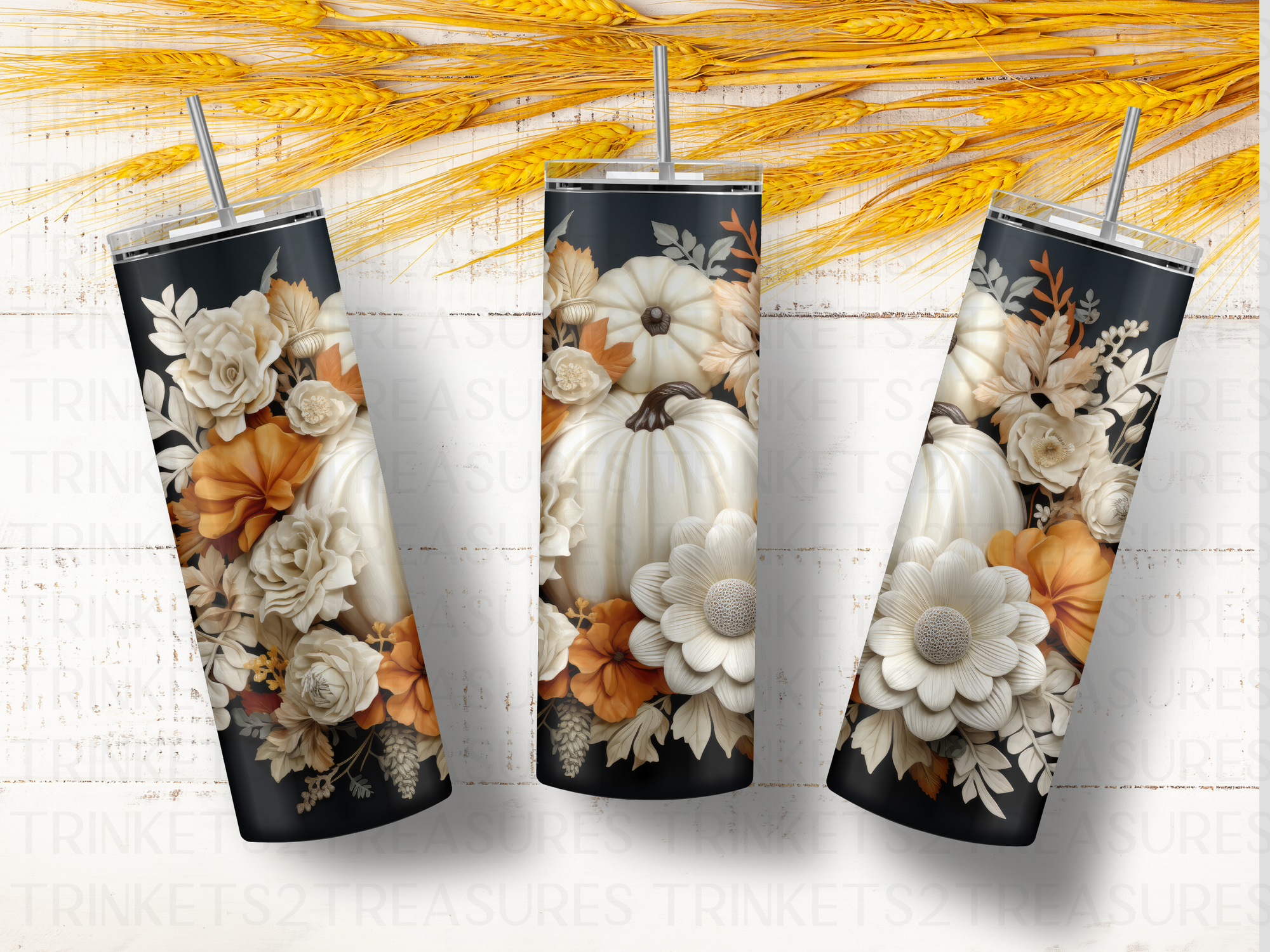 Personalized 20 oz Stainless Steel Tumbler with Metal Straw and Midnight Pumpkins Design #334