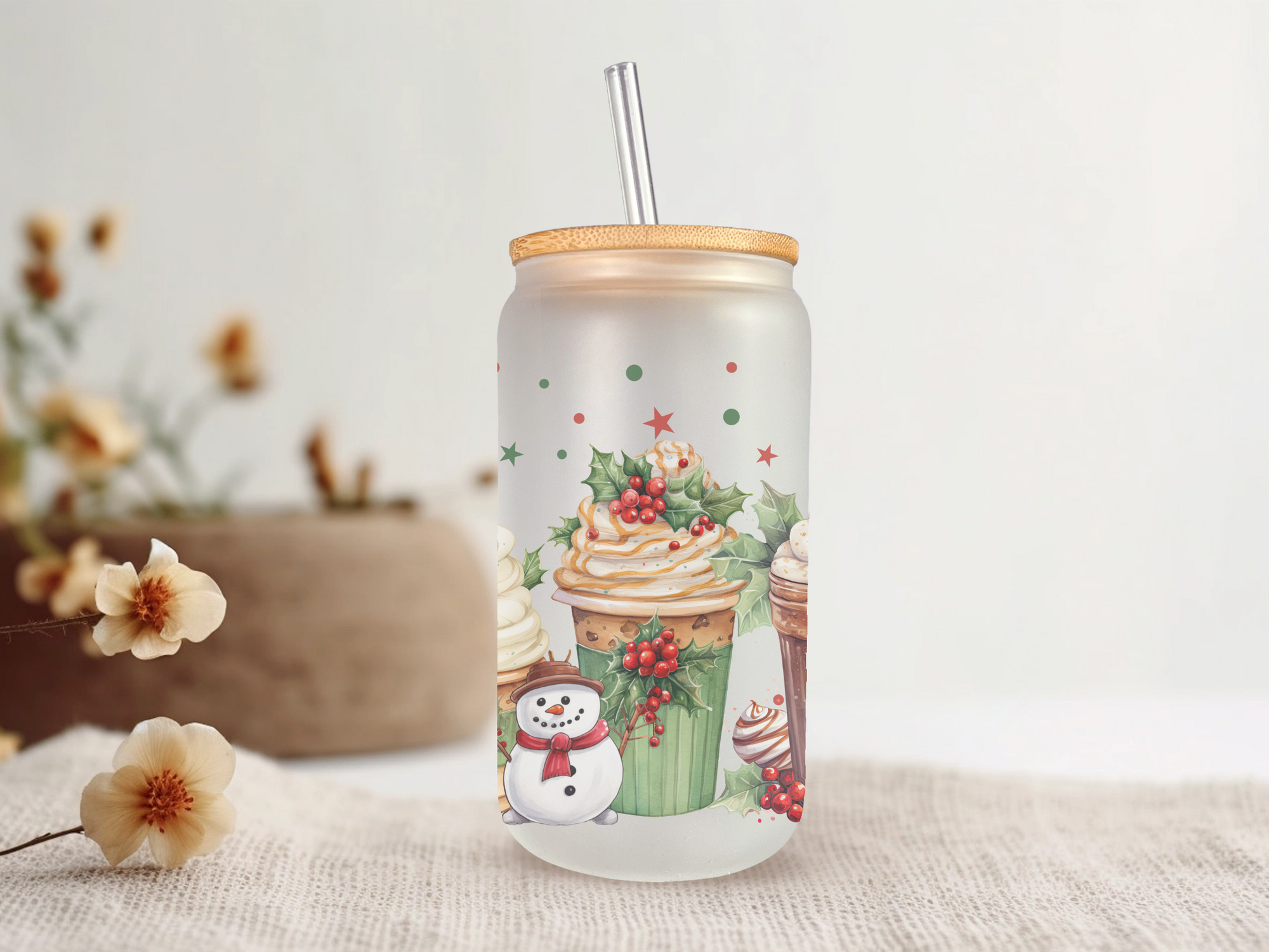 18oz Personalized  Frosted Glass Tumbler with Snowman Mocha #230