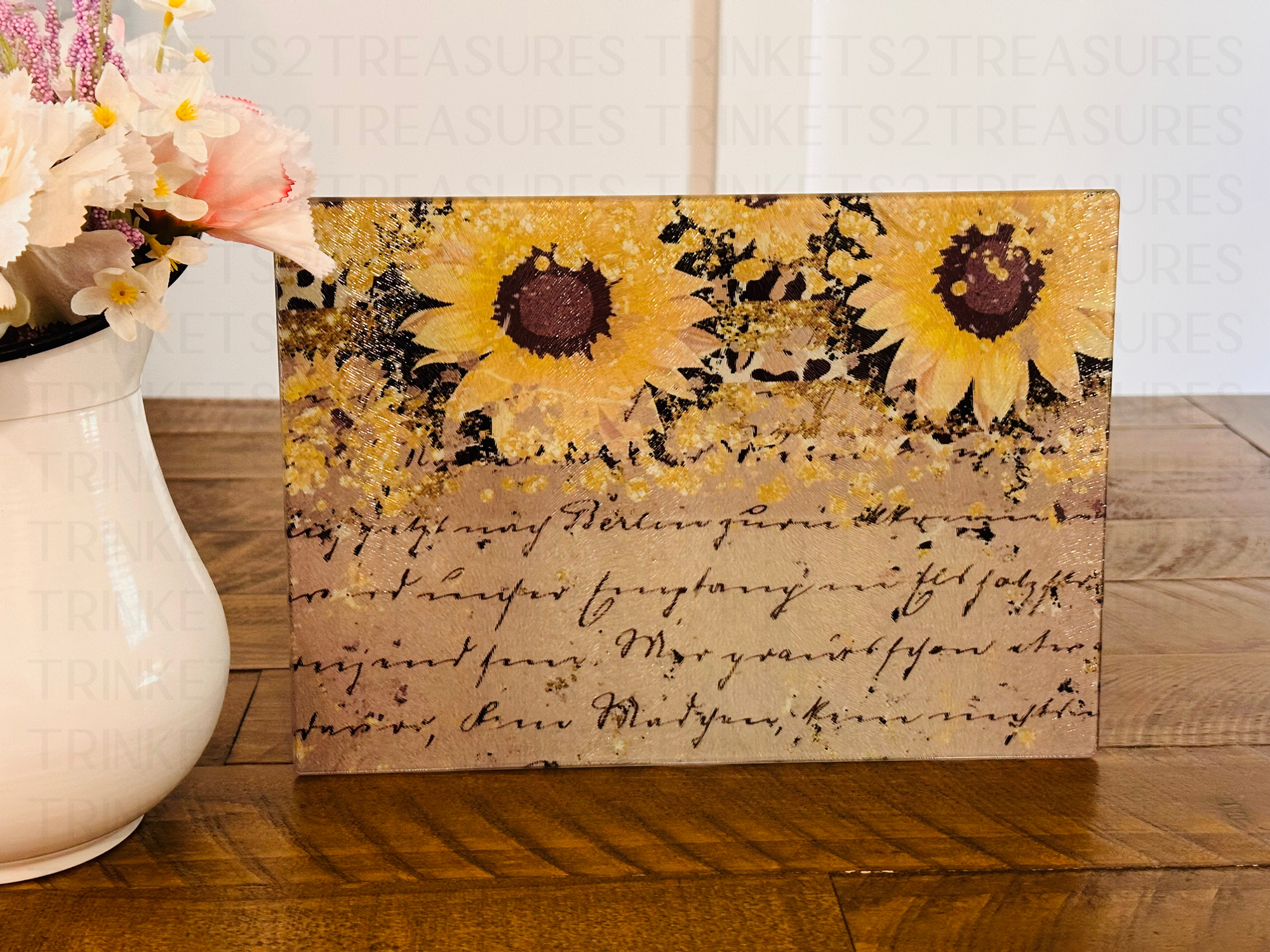 Personalized 8" x 11" Textured & Tempered Glass Cutting Board/Sunflower Script/#608