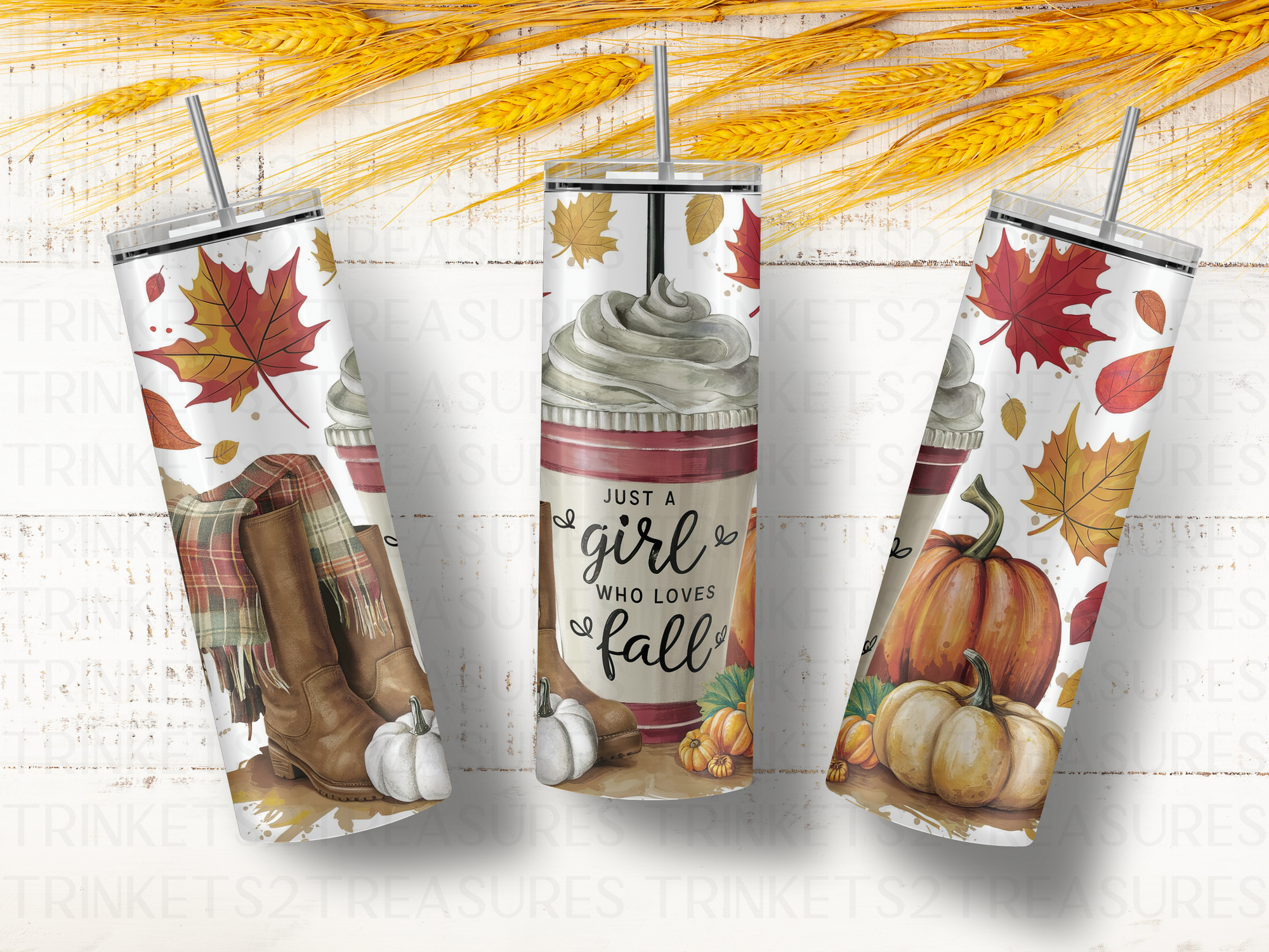 Personalized 20 oz Stainless Steel Tumbler with Metal Straw and Girl Who Loves Fall Design #339