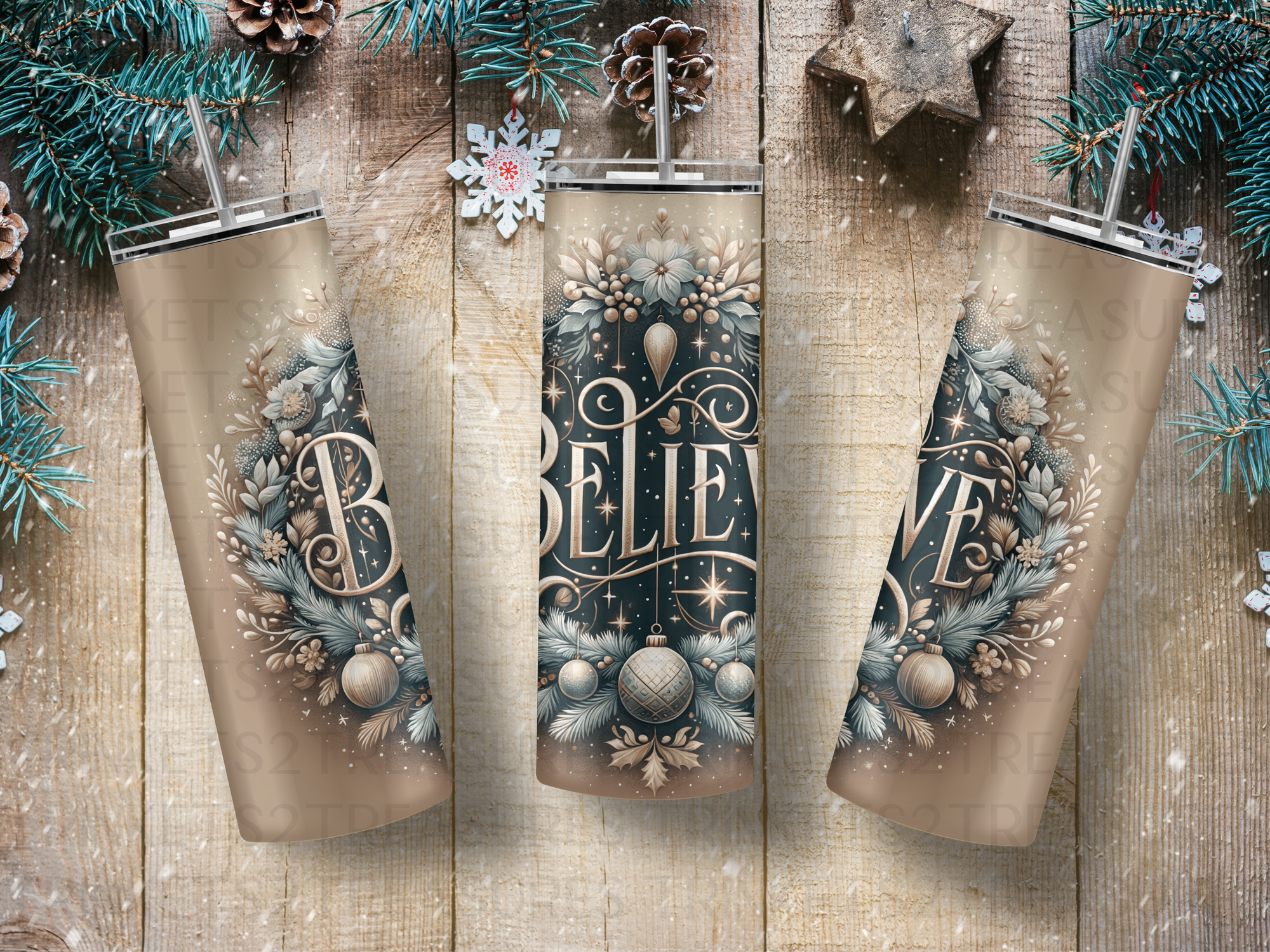 Personalized 20 oz Stainless Steel Tumbler with Metal Straw and Believe Christmas Design #321