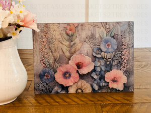 Personalized 8" x 11" Textured & Tempered Glass Cutting Board/Blue & Pink Paper Flowers/#607