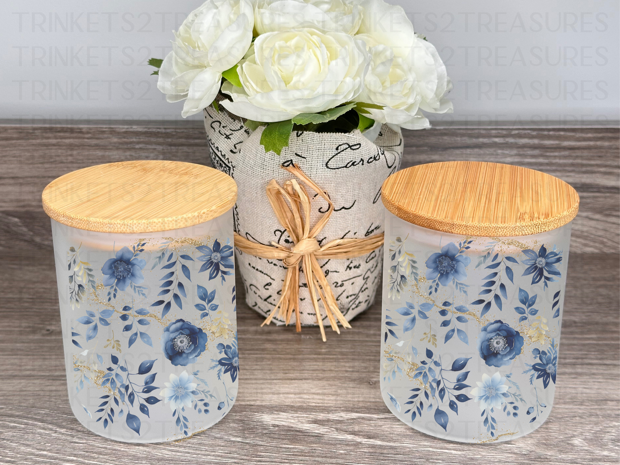 10 oz Frosted Candle Jars with Bamboo Lid/Multi-Purpose Jar/Blue & Gold Flowers/#517