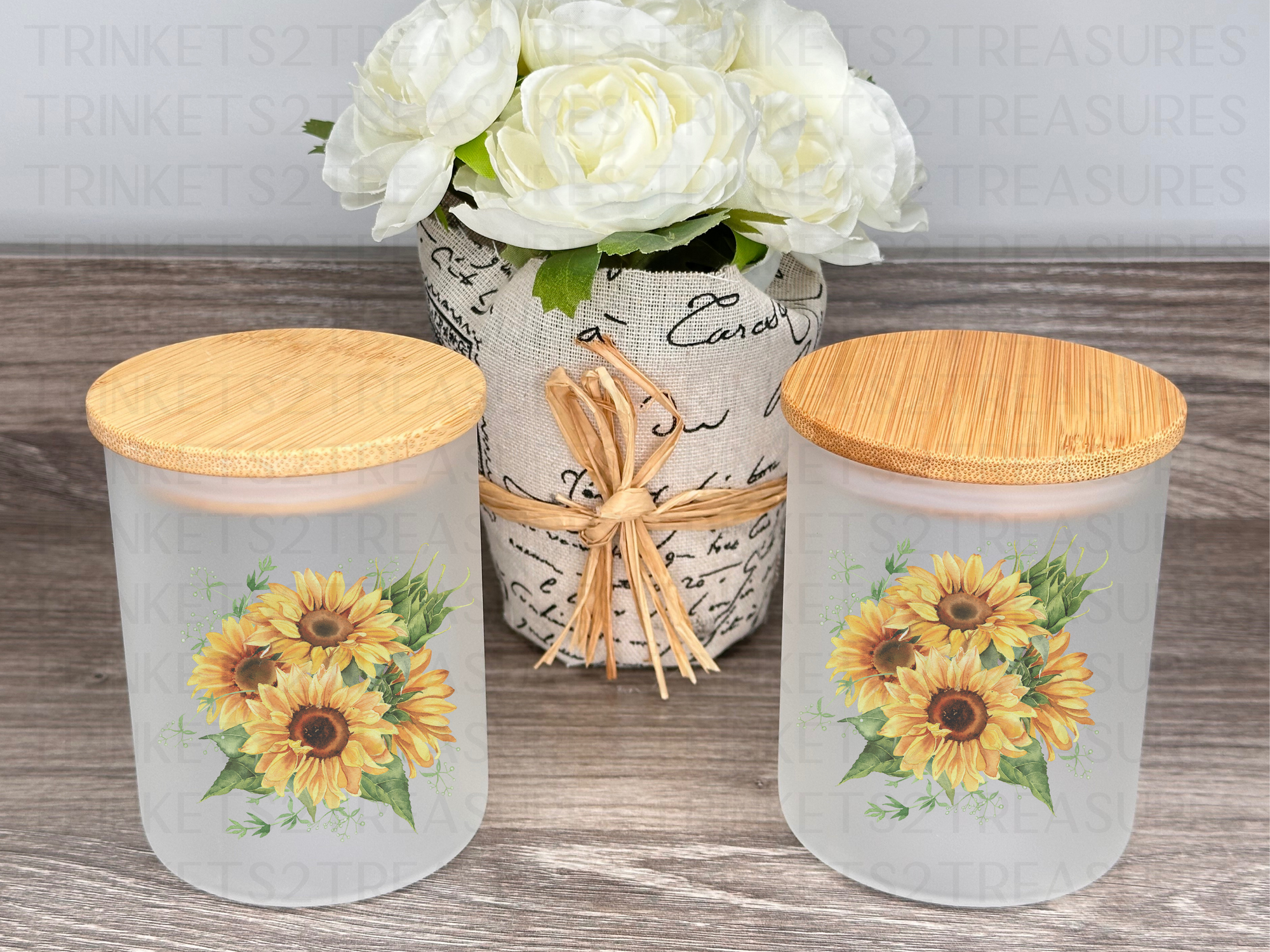 10 oz Frosted Candle Jars with Bamboo Lid/Multi-Purpose Jar/Sunflowers/#509