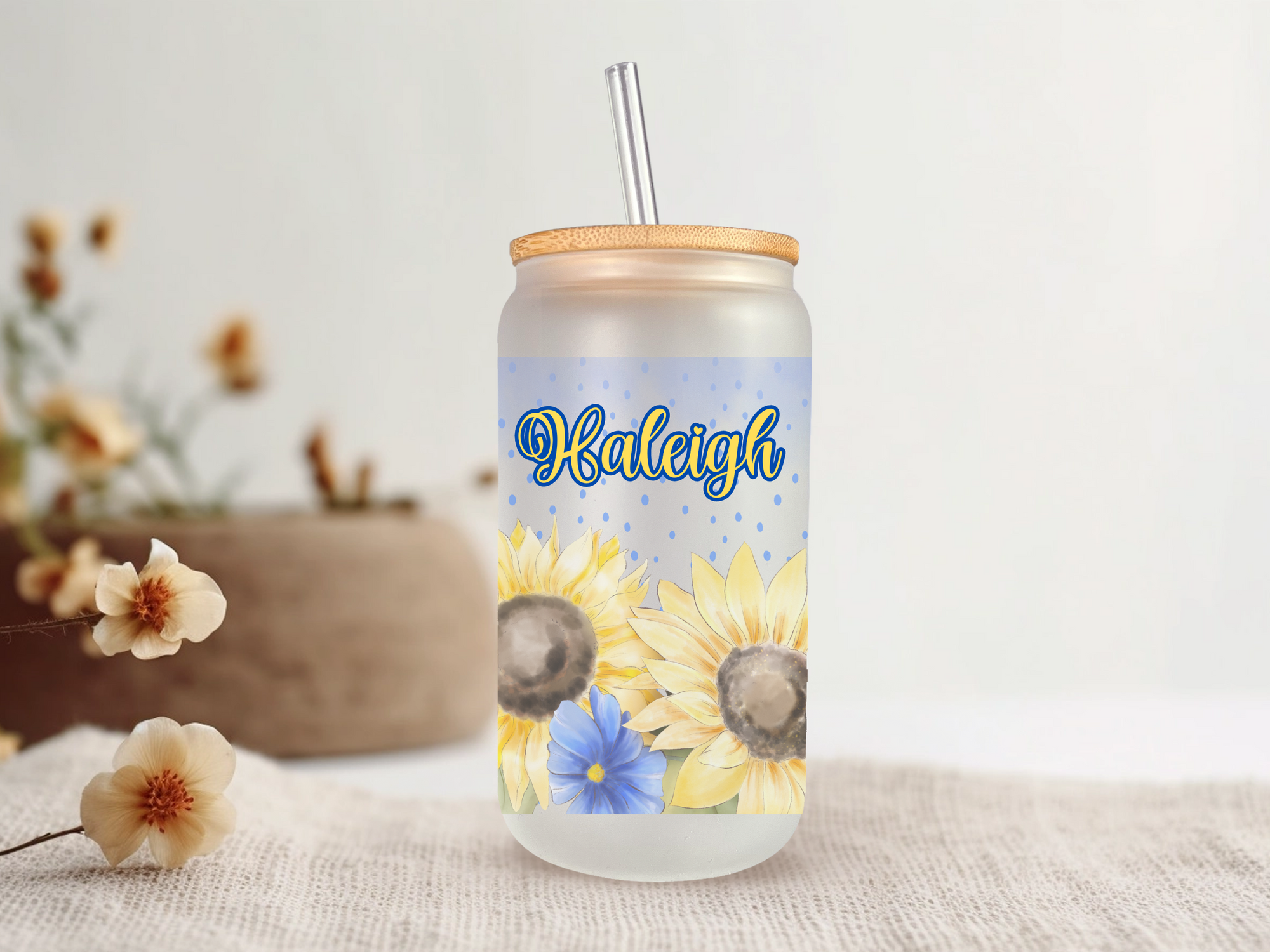 18oz Personalized  Frosted Glass Tumbler with Sunflowers & Blue Flowers #225