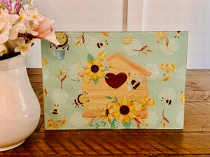 Personalized 8" x 11" Textured & Tempered Glass Cutting Board/Bee Home/#613