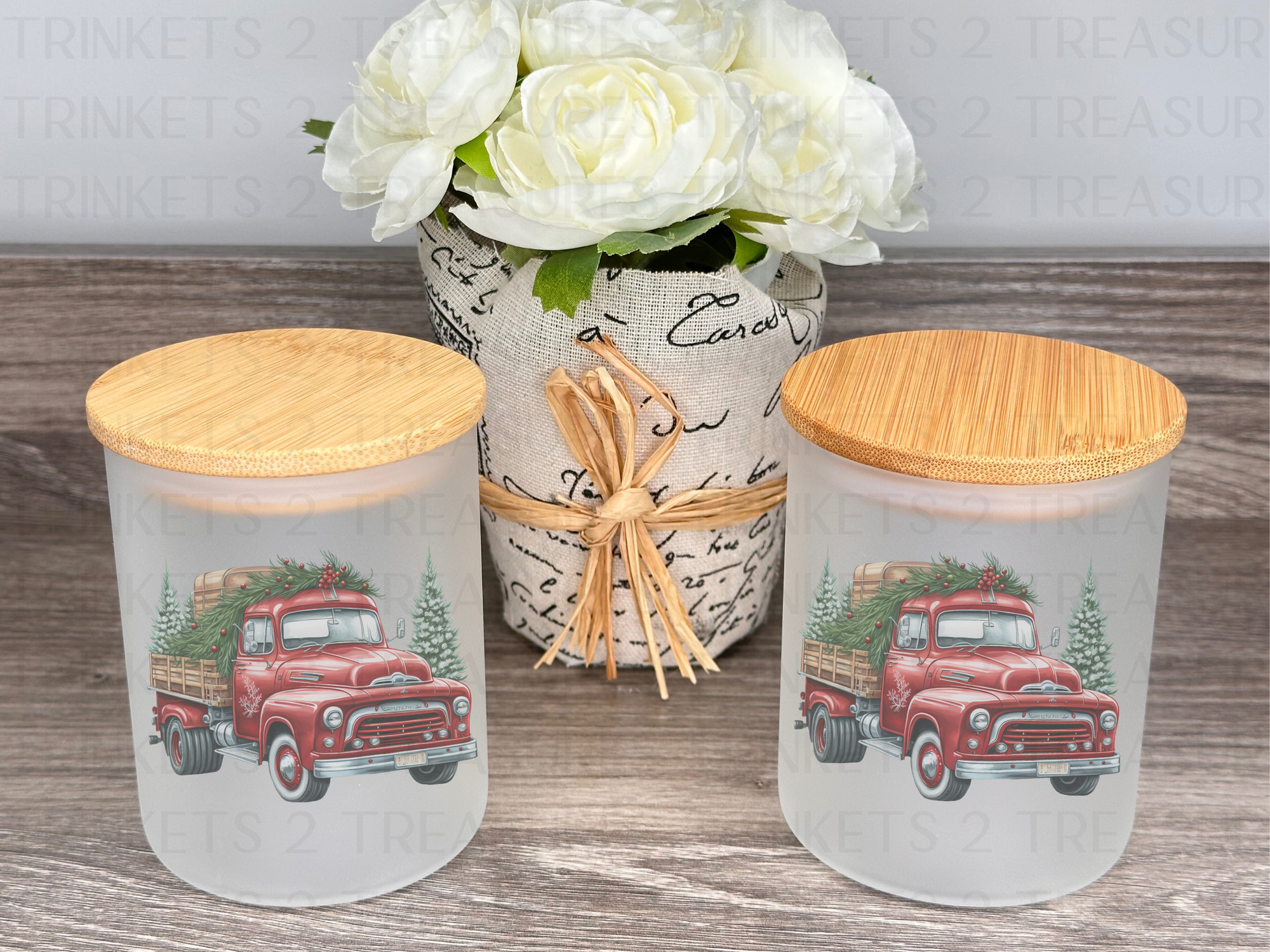 10 oz Frosted Candle Jars with Bamboo Lid/Multi-Purpose Jar/Red Truck/#531