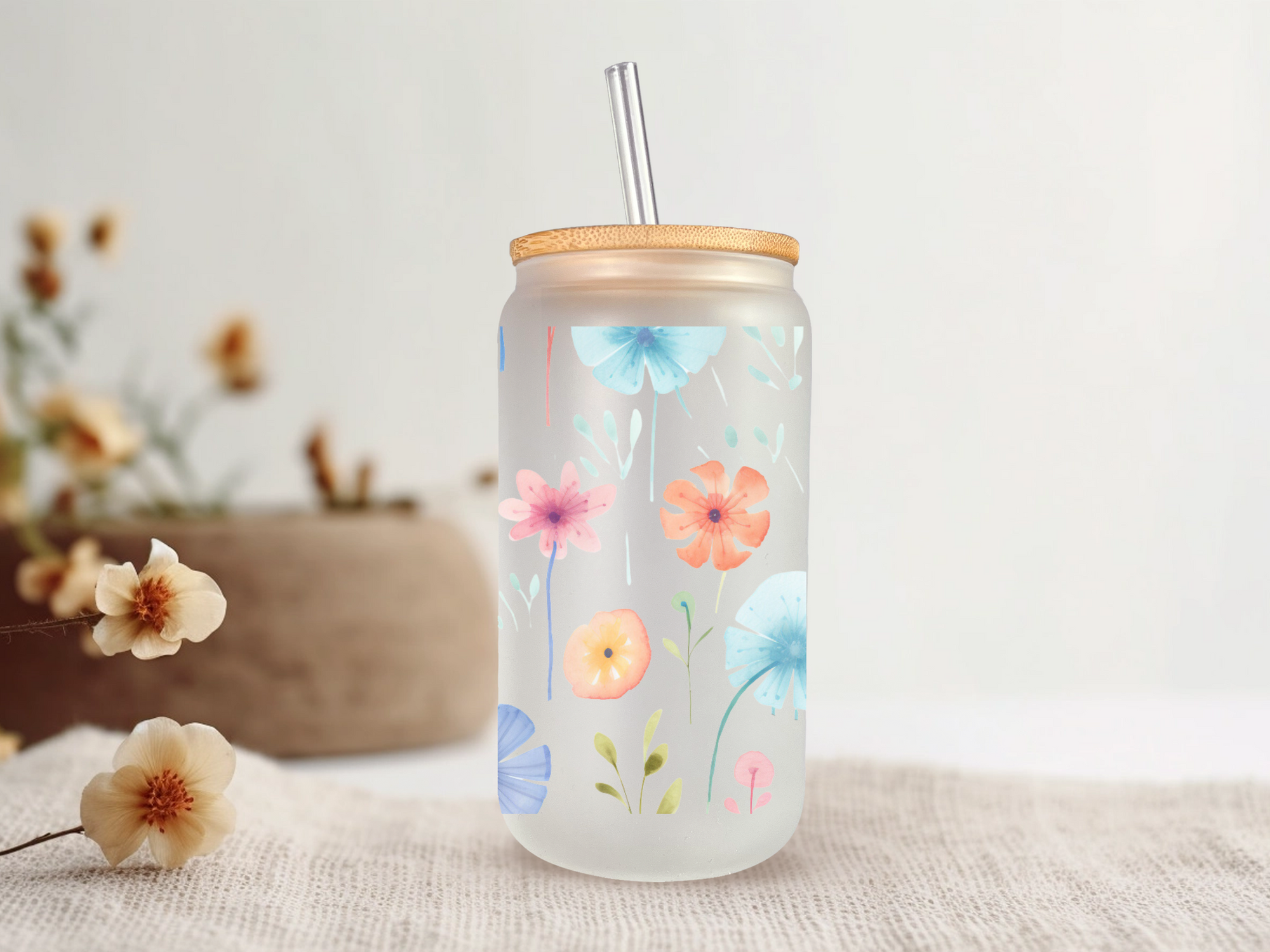 18oz PersonalizedFrosted Glass Tumbler with Bamboo Lid & Glass Straw/Watercolor Flowers #218