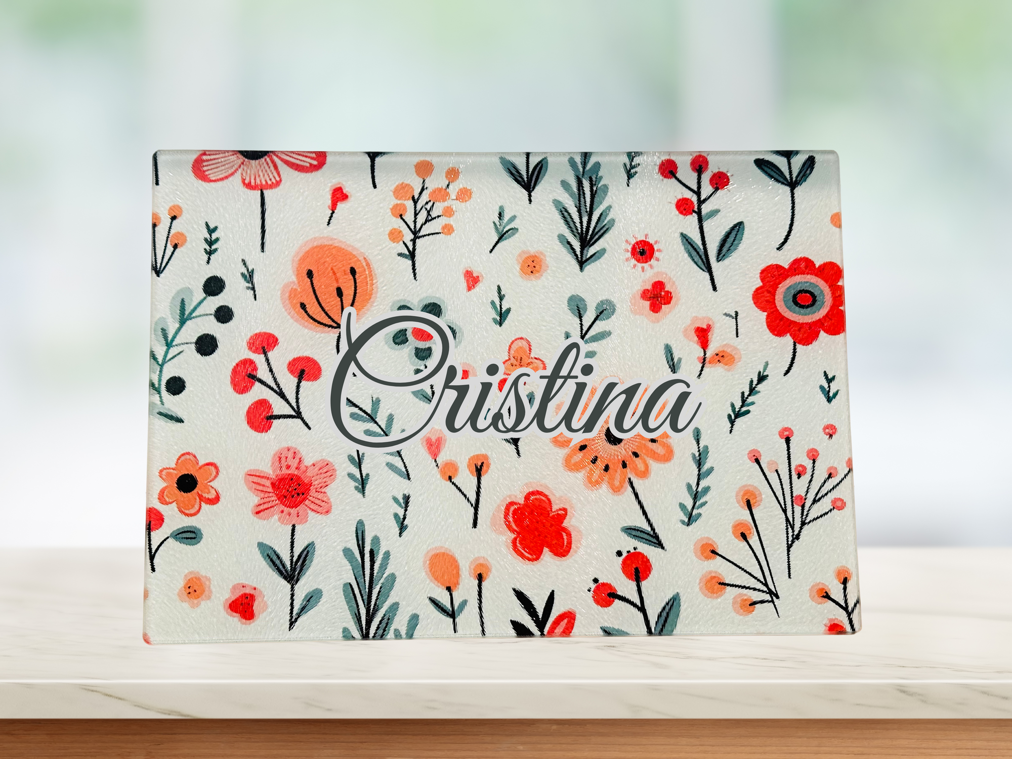 Personalized 8" x 11" Textured & Tempered Glass Cutting Board/Orange Daisies #602