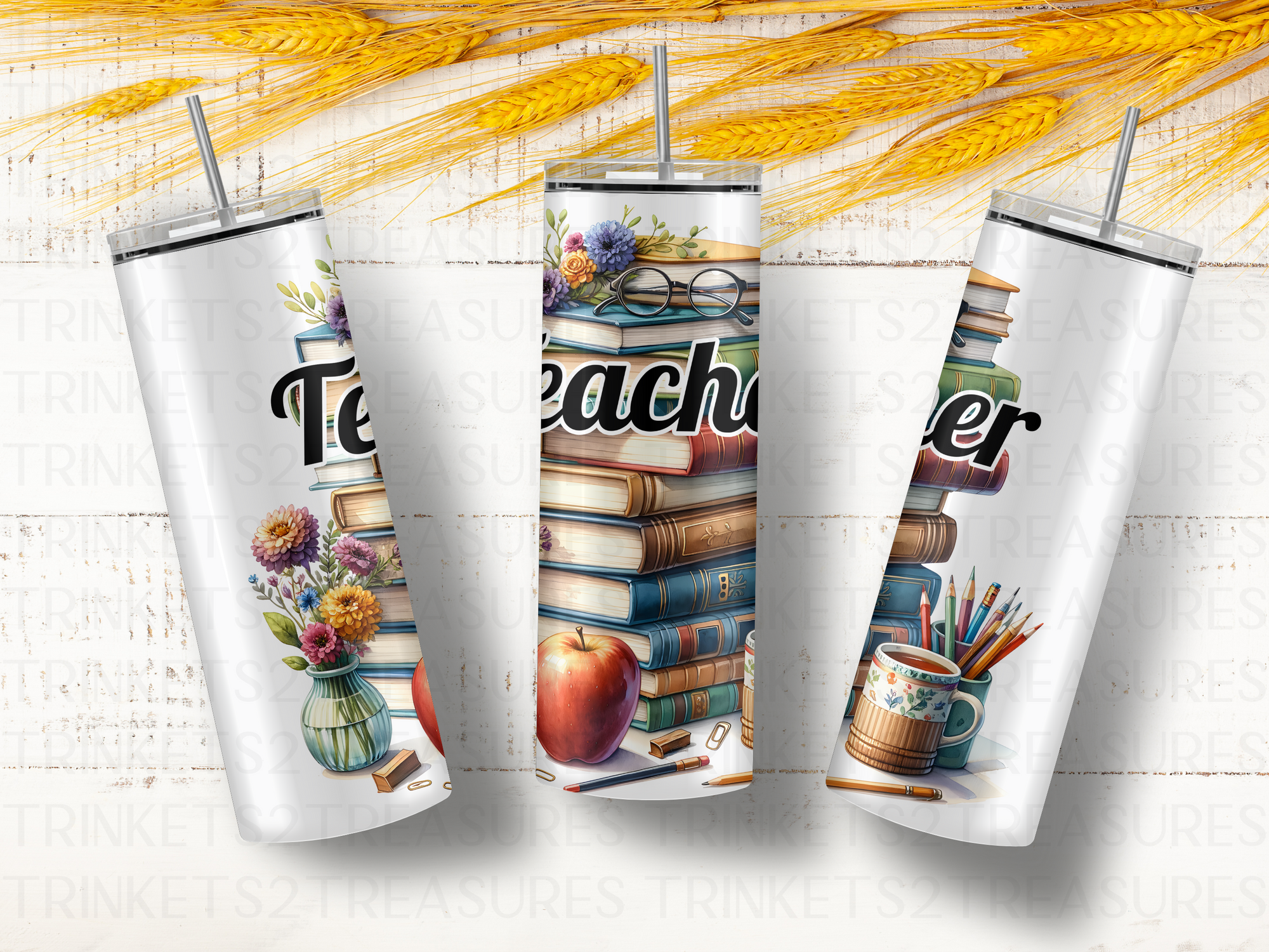 Personalized 20 oz Stainless Steel Tumbler with Metal Straw and Teacher Books Design #328