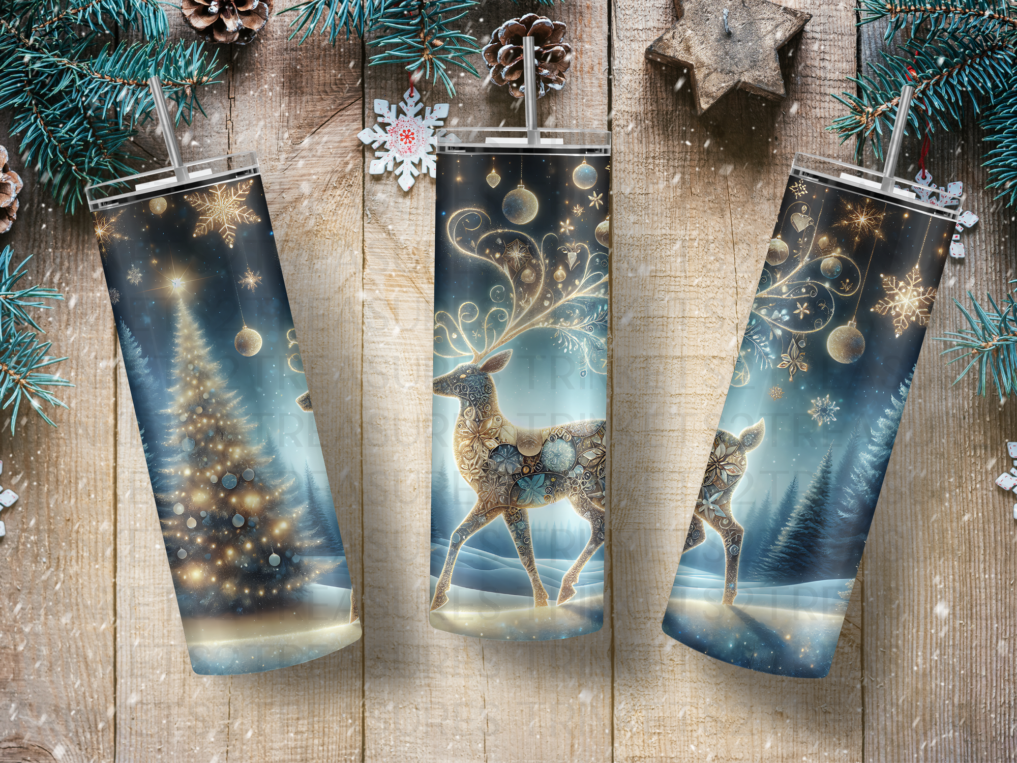 Personalized 20 oz Stainless Steel Tumbler with Metal Straw and Golden Reindeer Design #342