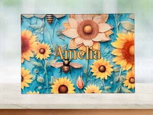 Personalized 8" x 11" Textured & Tempered Glass Cutting Board/Bees & Wildflowers/#617