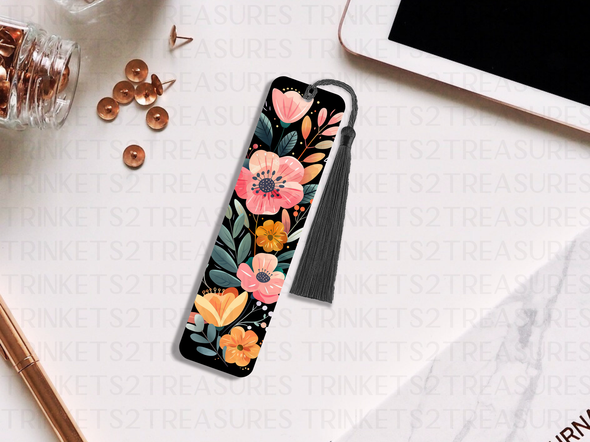 Bookmark and Tassel with Double Sided Sublimation Midnight Flowers #926