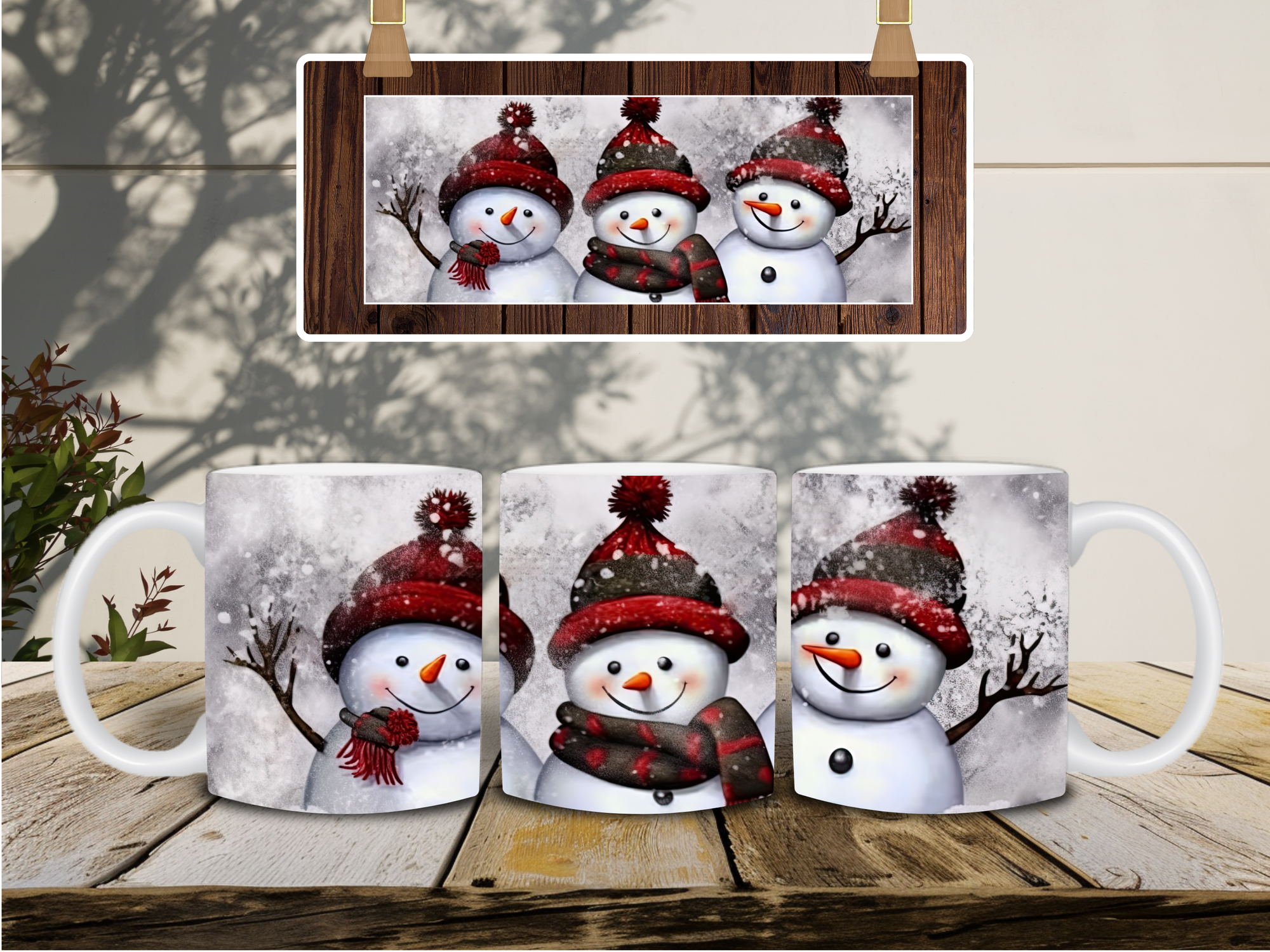 Personalized Ceramic Mug and Matching Coaster Set/11 oz or 15 oz Coffee Mug/3 Snowman Design/#120