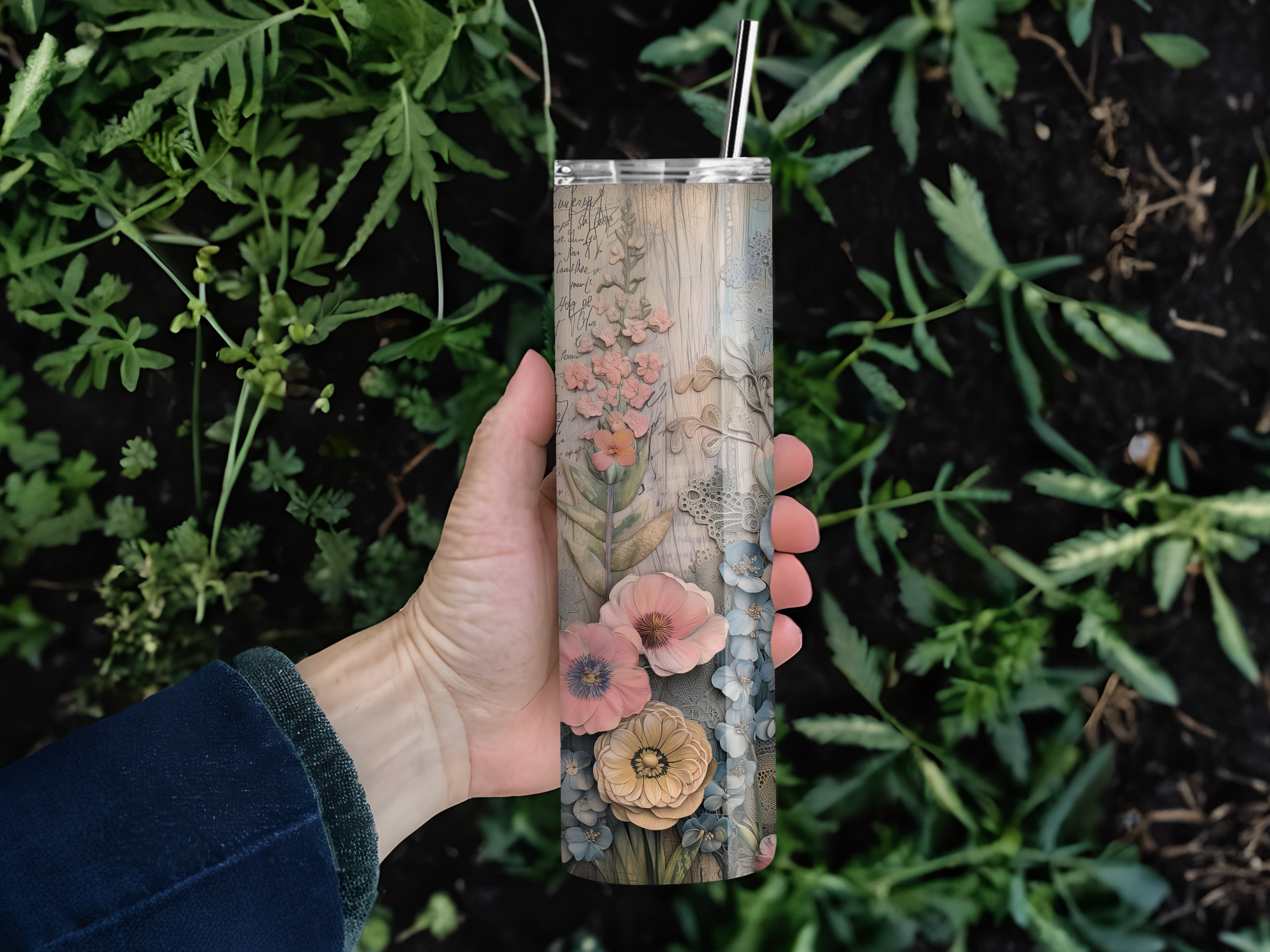 Personalized 20 oz Stainless Steel Tumbler with Metal Straw and Blue & Pink Paper Flowers Design #329