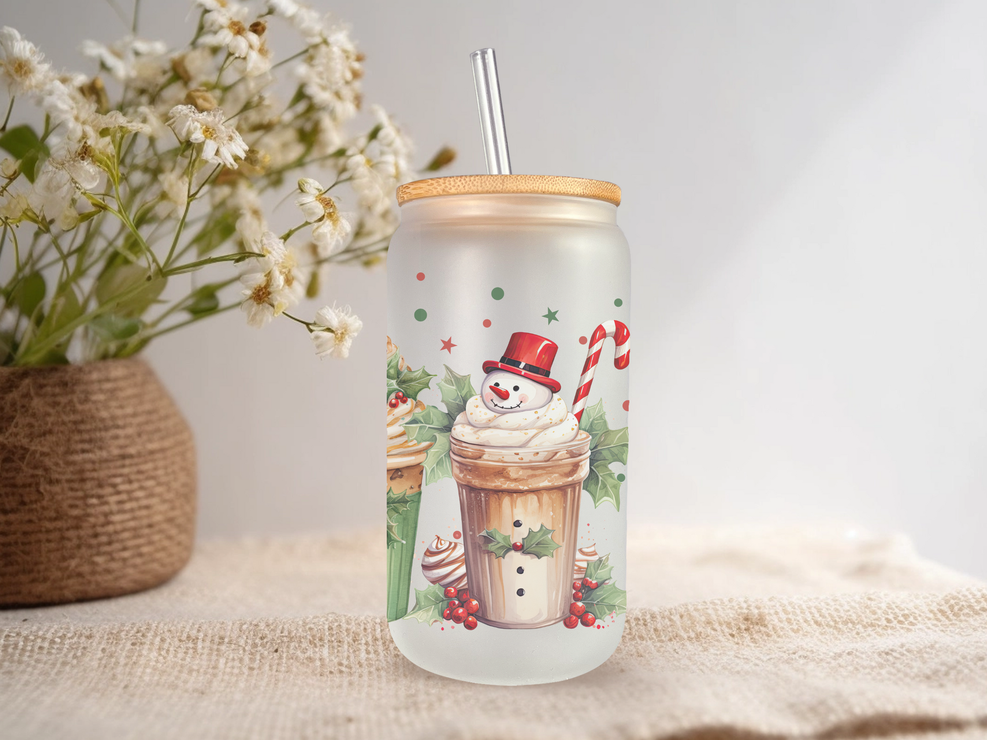 18oz Personalized  Frosted Glass Tumbler with Snowman Mocha #230