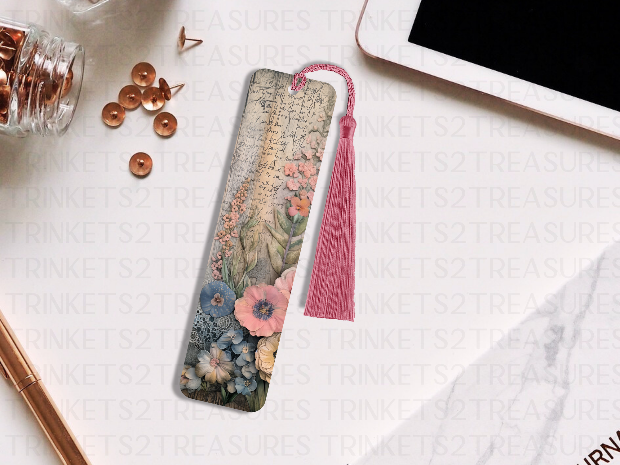 Bookmark and Tassel with Double Sided Sublimation Pink & Blue Paper Flowers #904