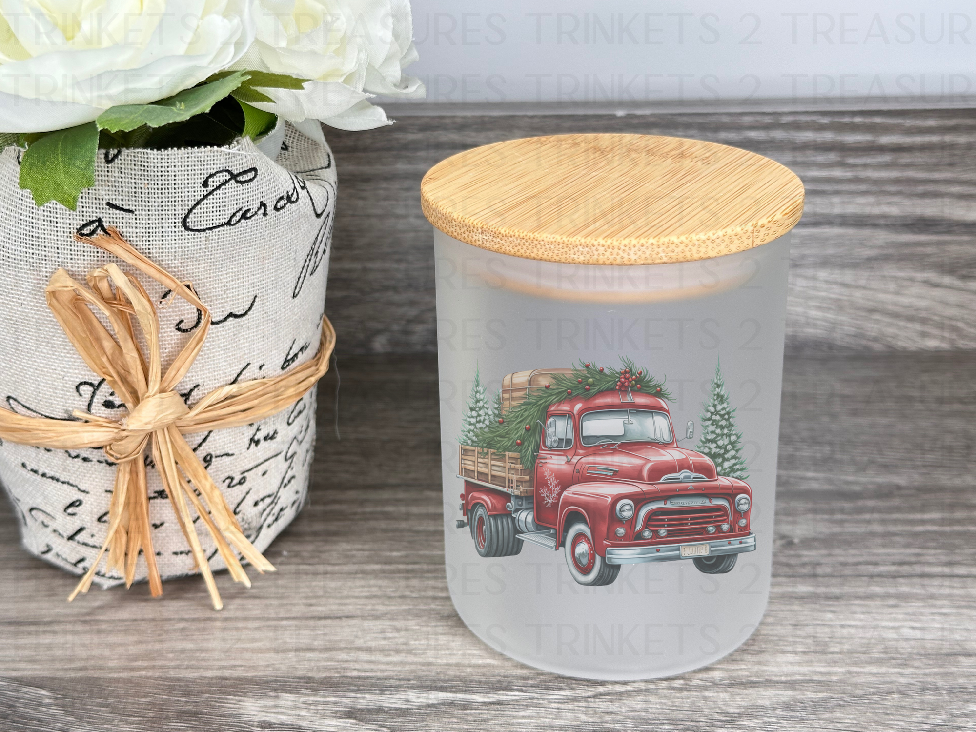 10 oz Frosted Candle Jars with Bamboo Lid/Multi-Purpose Jar/Red Truck/#531