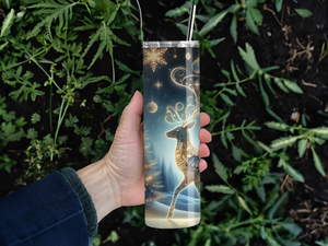 Personalized 20 oz Stainless Steel Tumbler with Metal Straw and Golden Reindeer Design #342