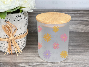 10 oz Frosted Candle Jars with Bamboo Lid/Multi-Purpose Jar/Daisies/#525