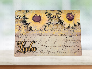 Personalized 8" x 11" Textured & Tempered Glass Cutting Board/Sunflower Script/#608