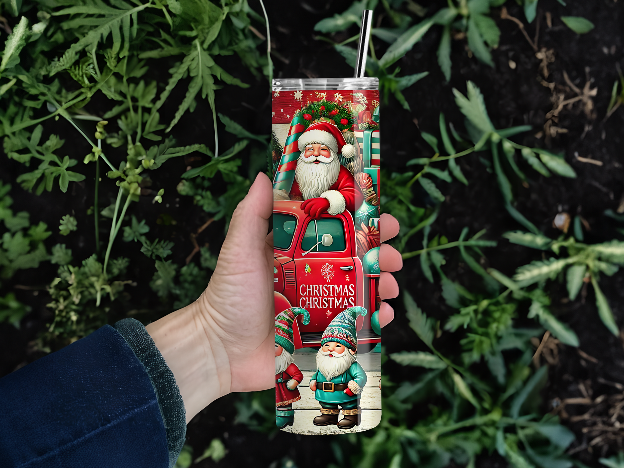 Personalized 20 oz Stainless Steel Tumbler with Metal Straw and Vintage Santa Claus #341