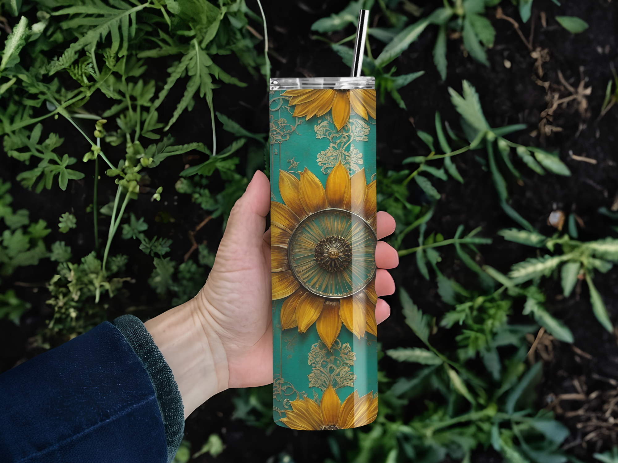 Personalized 20 oz Stainless Steel Tumbler with Metal Straw and Teal & Sunflowers #326