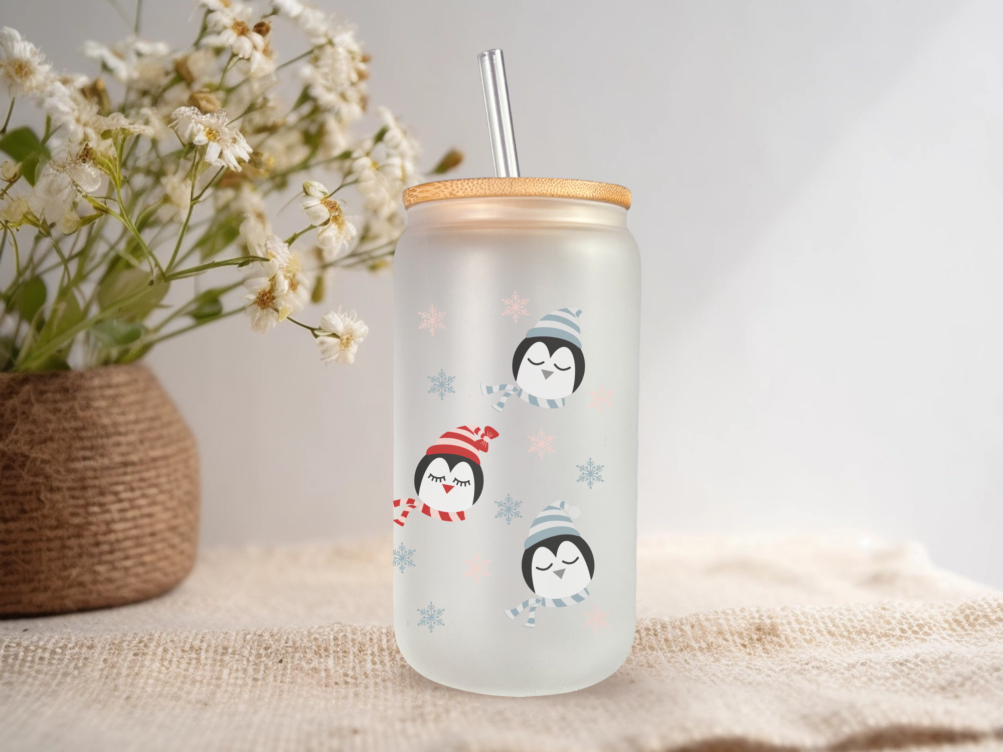 18oz Personalized  Frosted Glass Tumbler with Winter Penguins #232