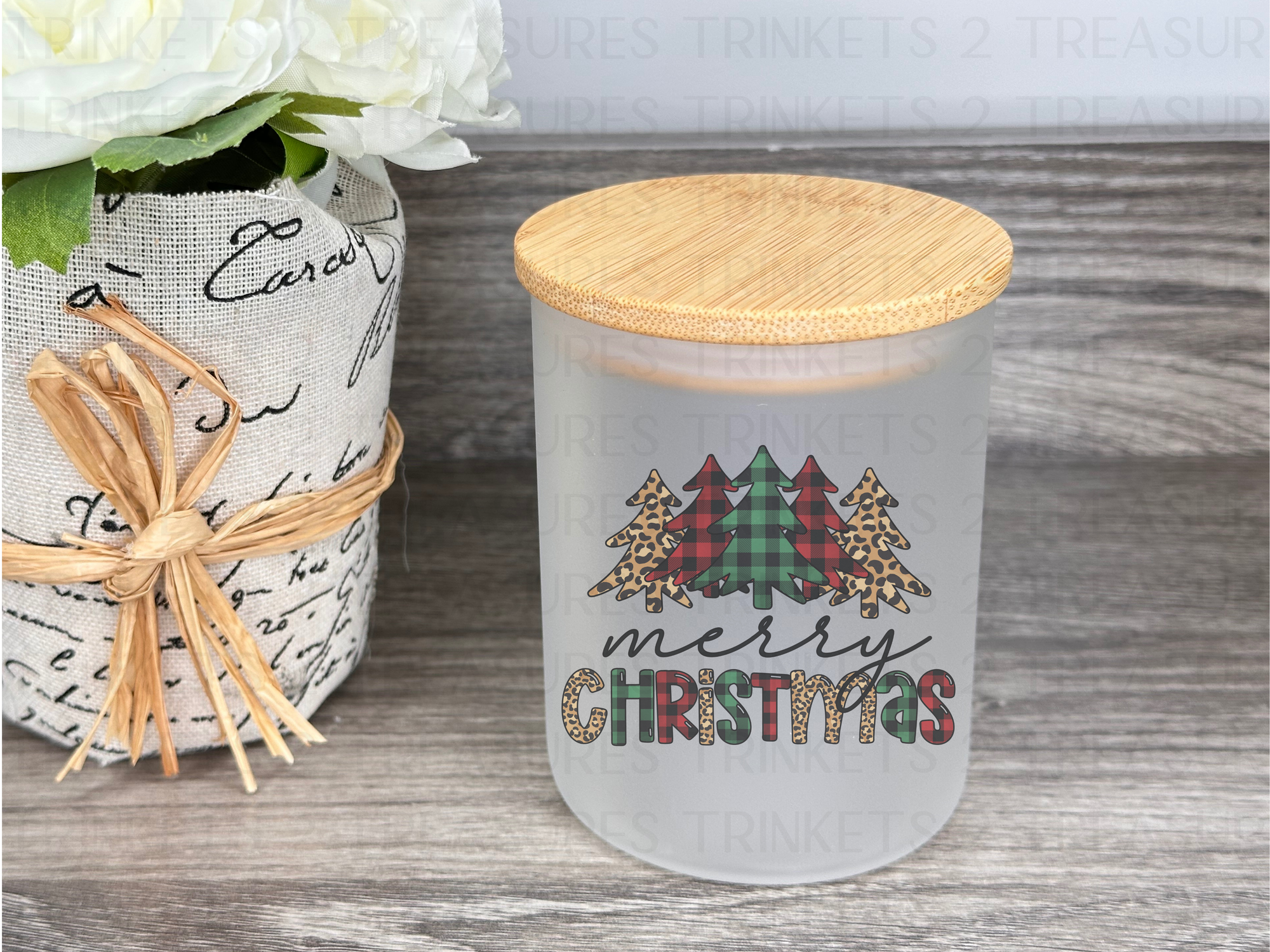 10 oz Frosted Candle Jars with Bamboo Lid/Multi-Purpose Jar/Merry Christmas/#524