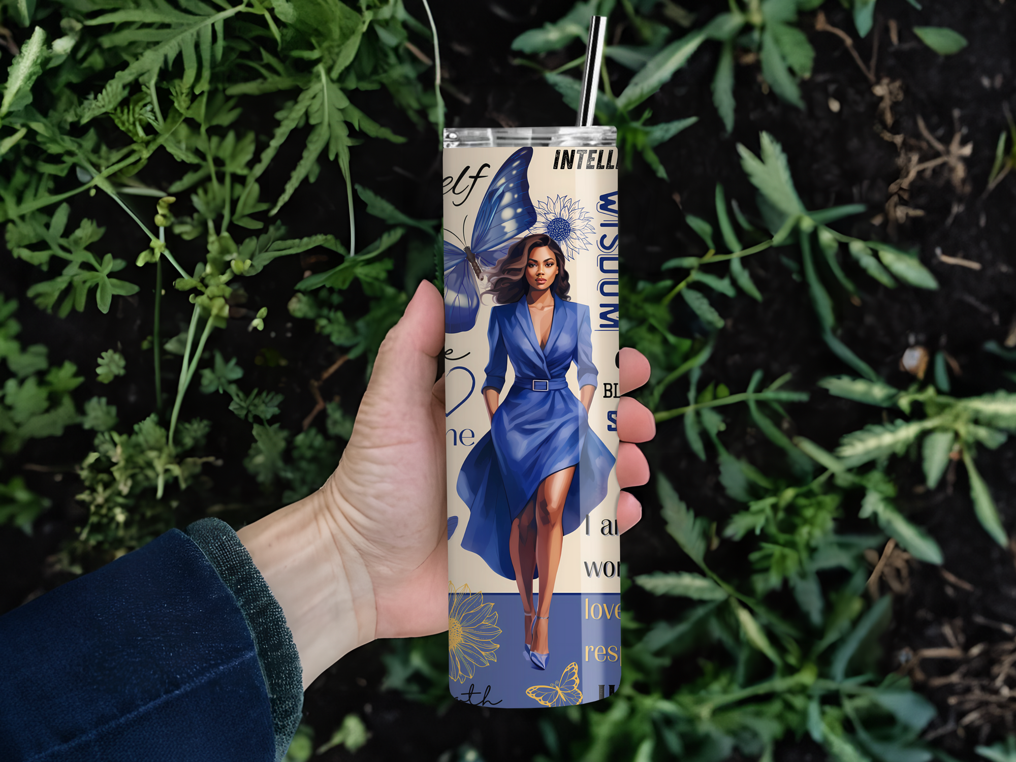 Personalized 20 oz Stainless Steel Tumbler with Metal Straw and Powerful Woman Design #333