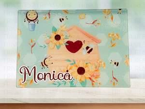 Personalized 8" x 11" Textured & Tempered Glass Cutting Board/Bee Home/#613