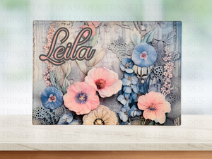 Personalized 8" x 11" Textured & Tempered Glass Cutting Board/Blue & Pink Paper Flowers/#607