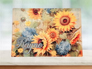 Personalized 8" x 11" Textured & Tempered Glass Cutting Board/Sunflower Field/#610