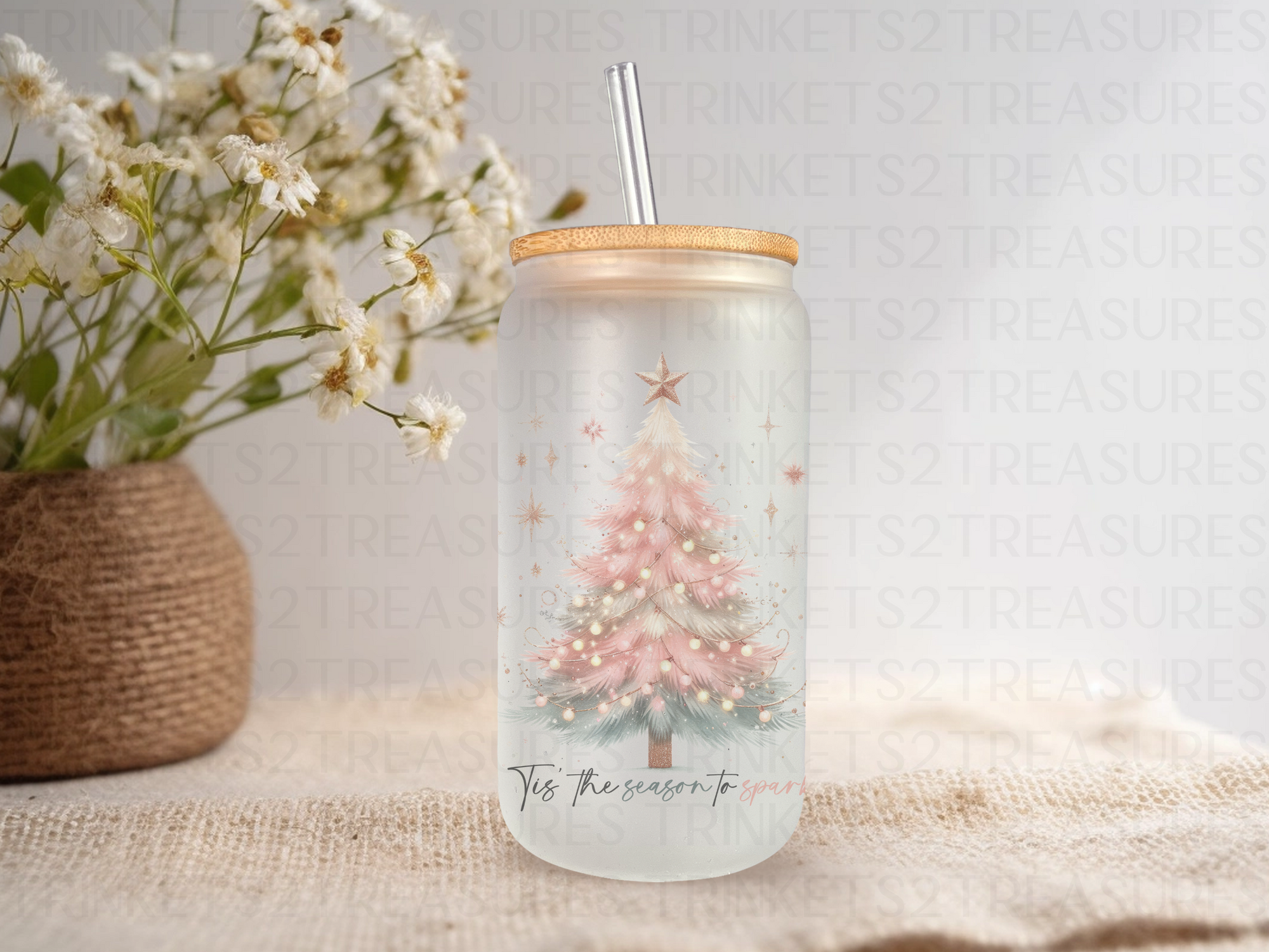 18oz Personalized  Frosted Glass Tumbler with Pink Christmas Tree #236