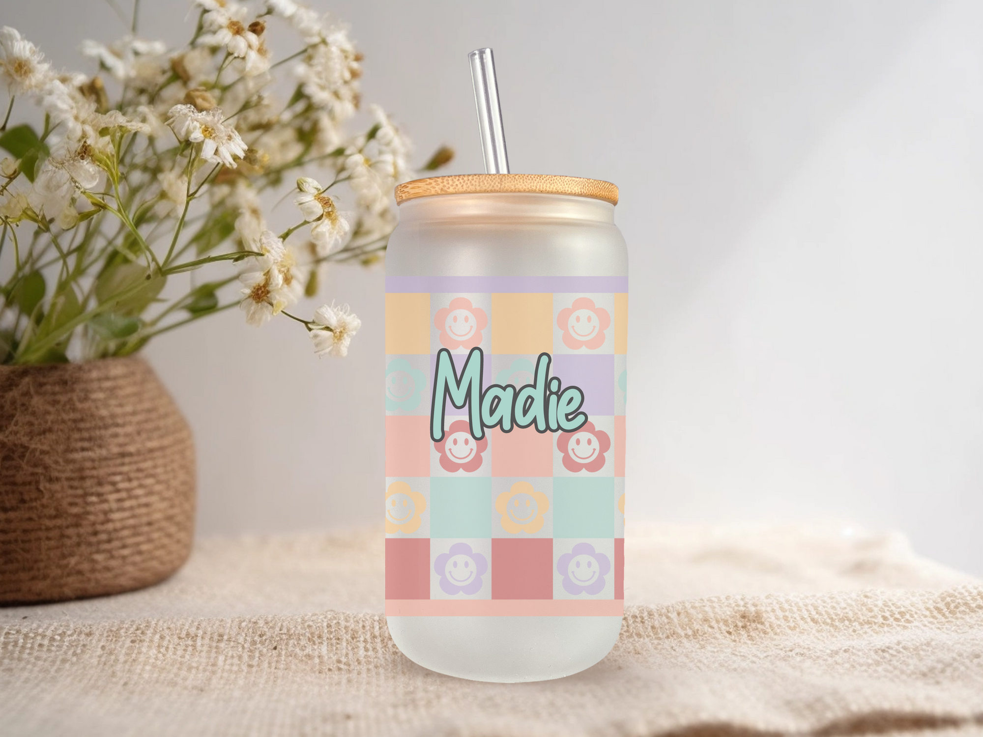 18oz Personalized  Frosted Glass Tumbler with Smiley Flowers #228