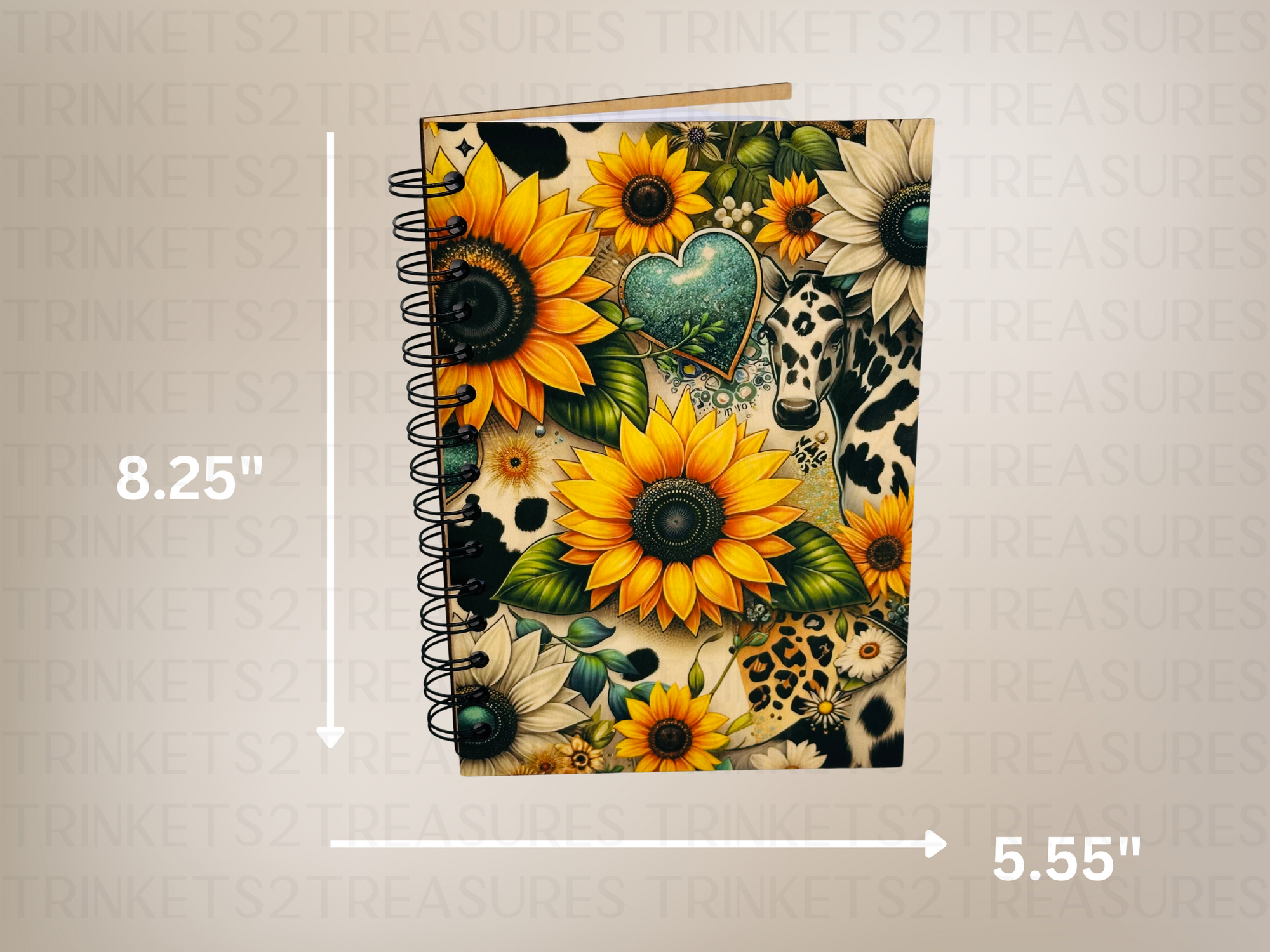 Personalized Sunflowers & Cows Wood Cover Notebook #1003