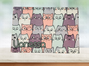 Personalized 8" x 11" Textured & Tempered Glass Cutting Board/Kitty Crowd/#612