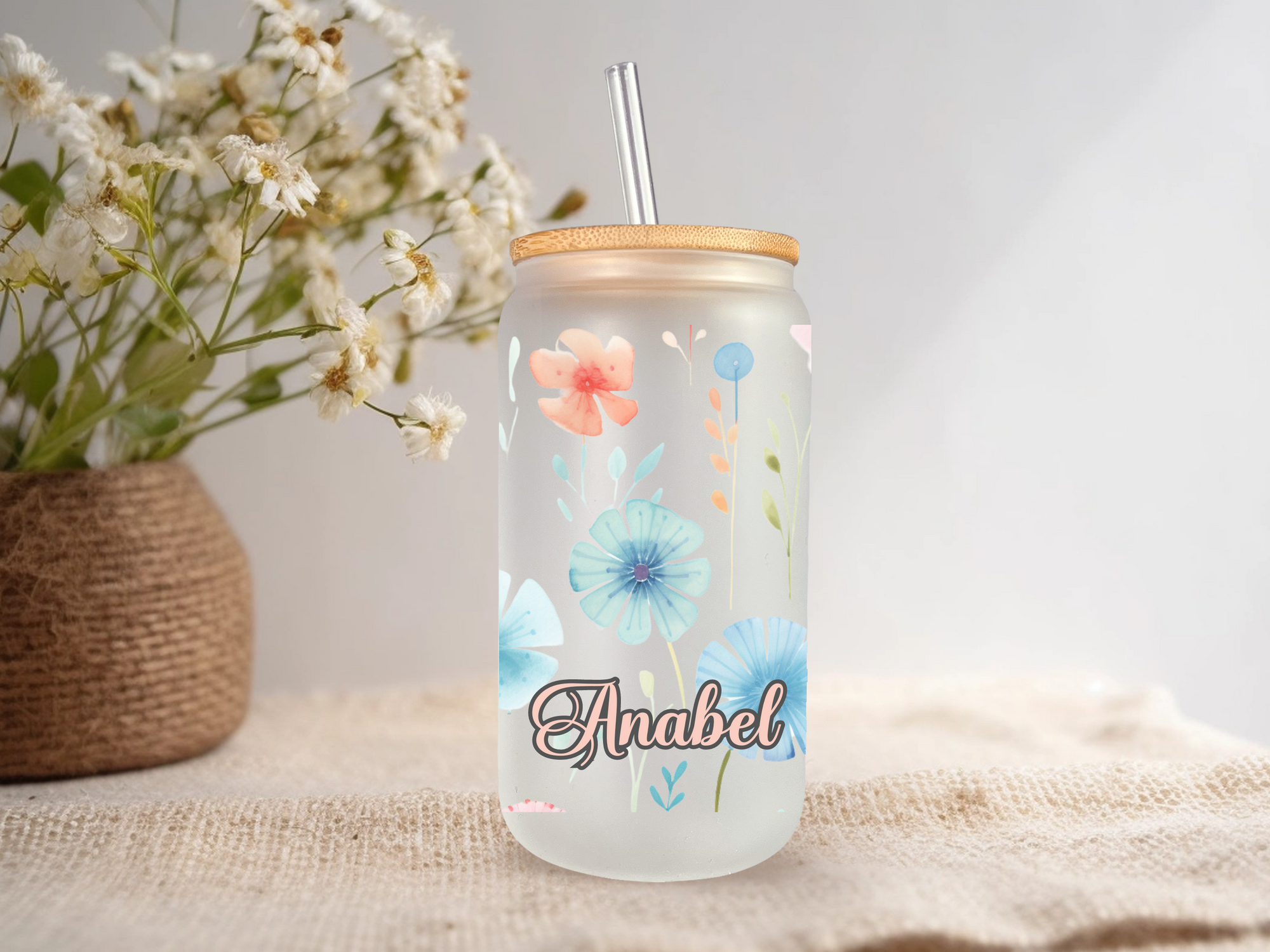 18oz PersonalizedFrosted Glass Tumbler with Bamboo Lid & Glass Straw/Watercolor Flowers #218