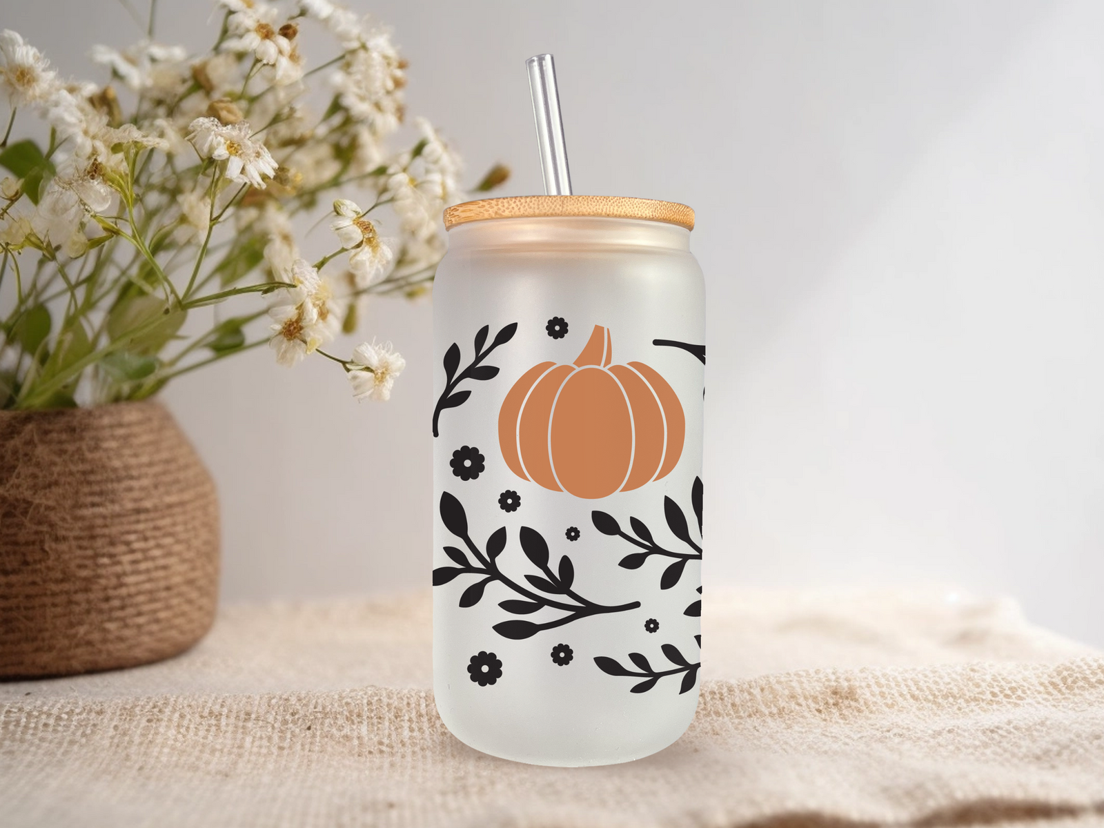 18oz Personalized  Frosted Glass Tumbler with Fall Pumpkins #231