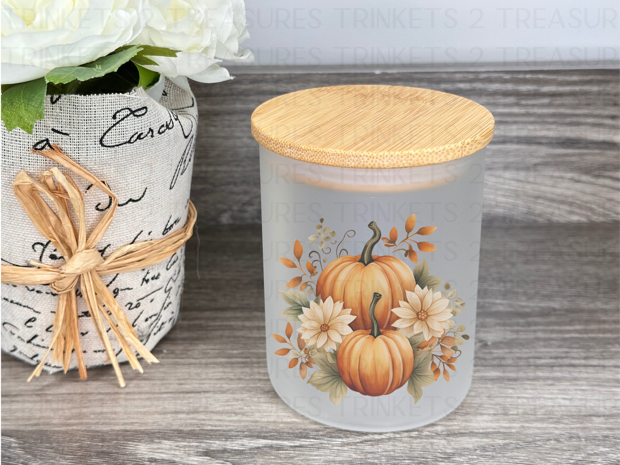 10 oz Frosted Candle Jars with Bamboo Lid/Multi-Purpose Jar/Harvest Pumpkins/#532