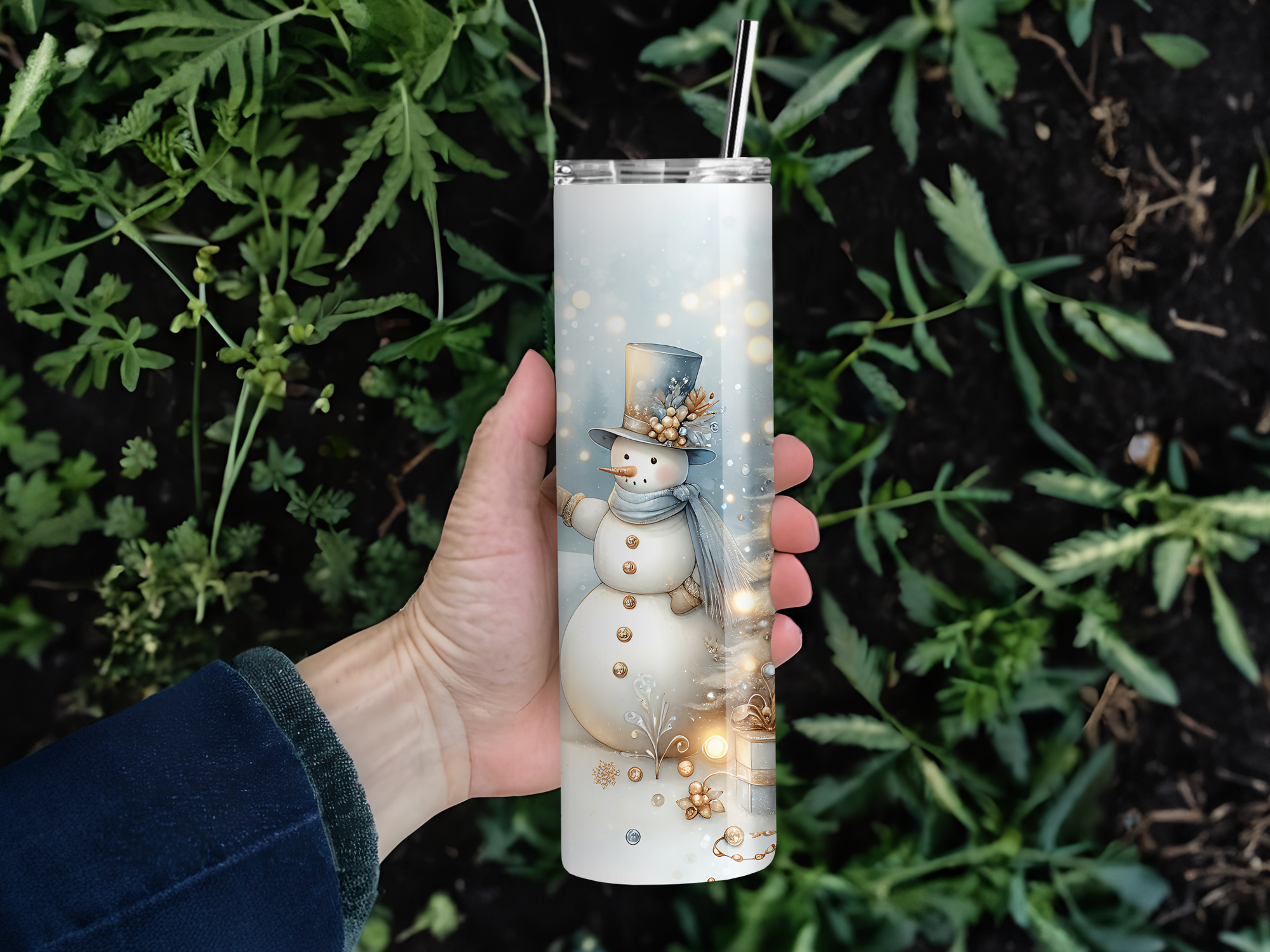 Personalized 20 oz Stainless Steel Tumbler with Metal Straw and Golden Snowman Design #343