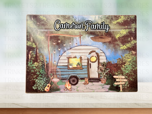 Personalized 8" x 11" Textured & Tempered Glass Cutting Board/Campground/#616