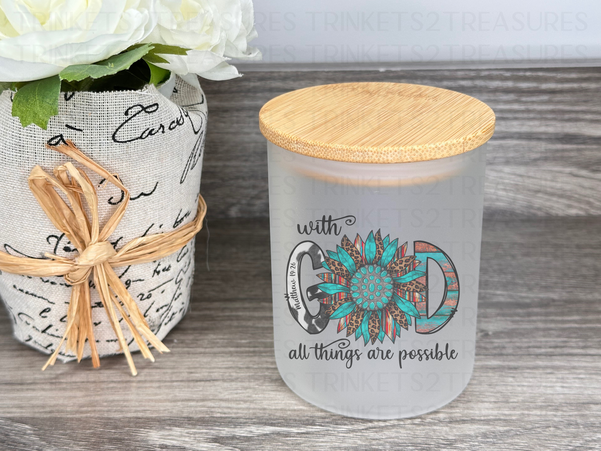 10 oz Frosted Candle Jars with Bamboo Lid/Multi-Purpose Jar/With God All Things are Possible/#502