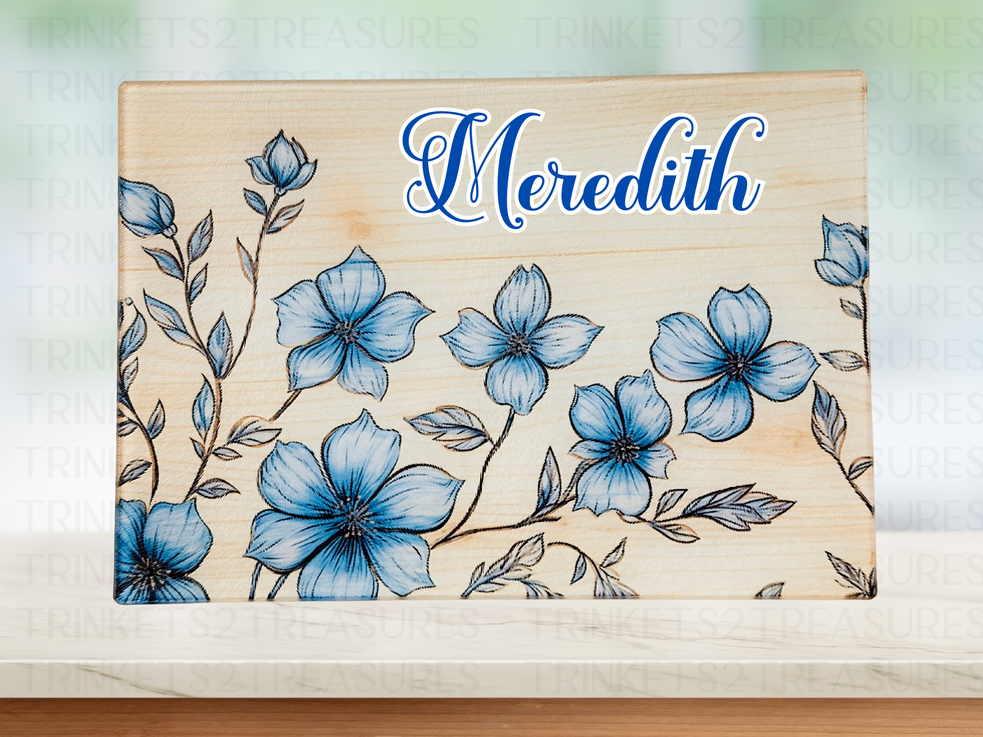 Personalized 8" x 11" Textured & Tempered Glass Cutting Board/Blue Flowers/#600