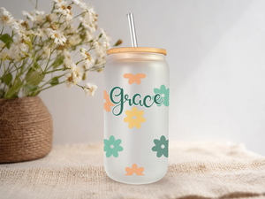 18oz Personalized  Frosted Glass Tumbler with Yellow & Green Daisies #227