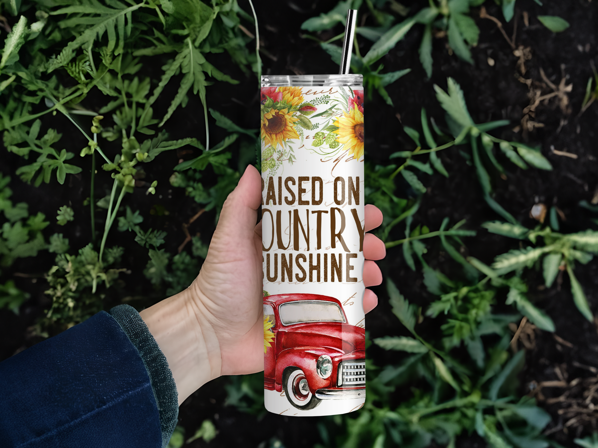 Personalized 20 oz Stainless Steel Tumbler with Metal Straw and Raised on Country Sunshine Design #327