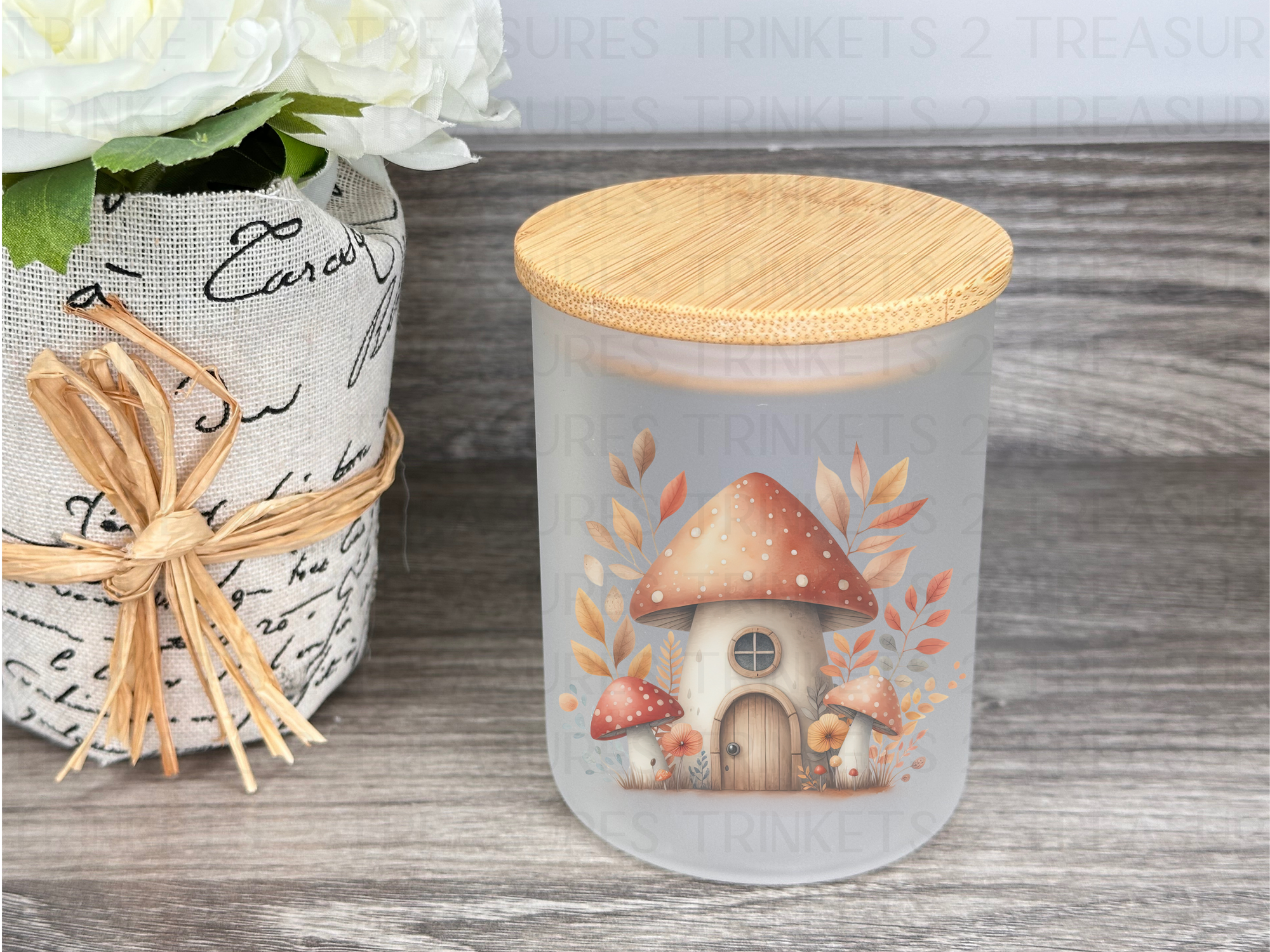 10 oz Frosted Candle Jars with Bamboo Lid/Multi-Purpose Jar/Mushroom House/#529