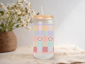 18oz Personalized  Frosted Glass Tumbler with Smiley Flowers #228