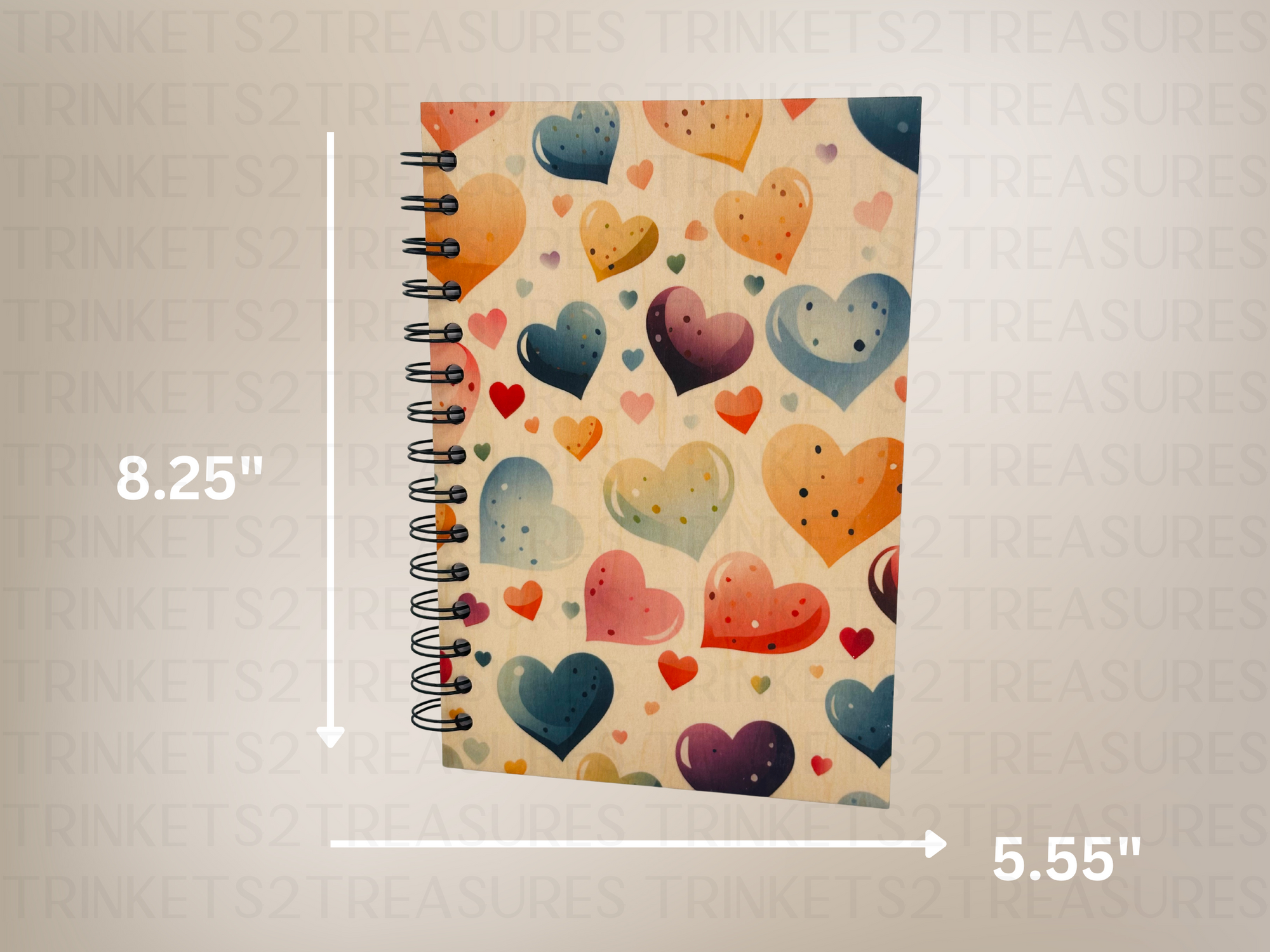 Personalized Floating Hearts Wood Cover Notebook #1011