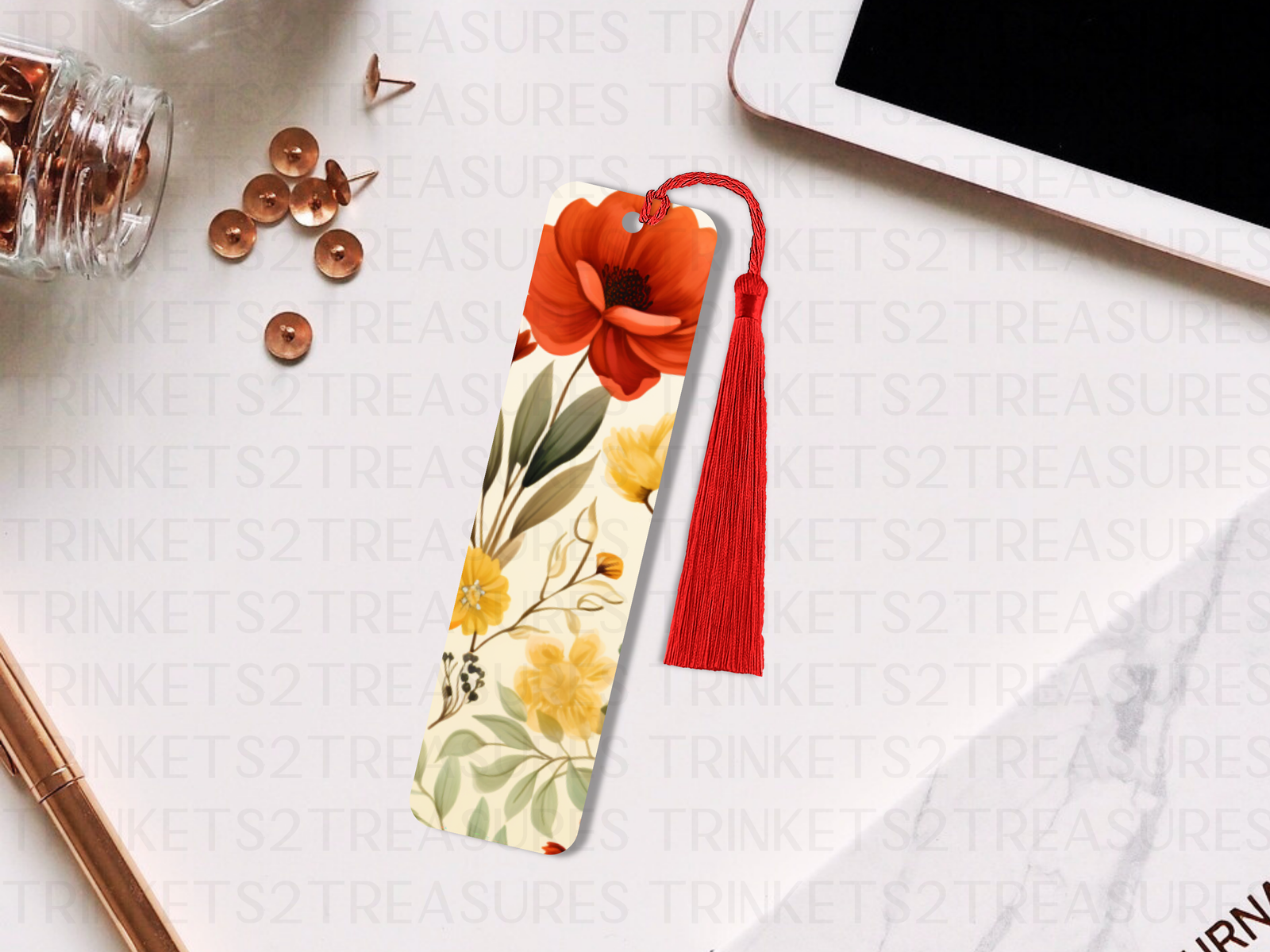Bookmark and Tassel with Double Sided Sublimation Red & Gold Flowers #911